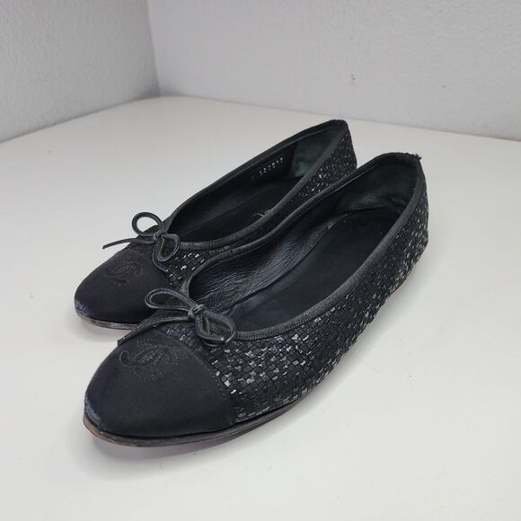 Chanel Glitter Tweed Ballet Flats Black Grosgrain Cap Toe Bow 37 Made in Italy - Picture 13 of 16
